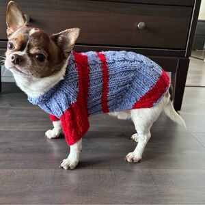 Handmade Blue and Red Knitted Dog Sweater - Size S
